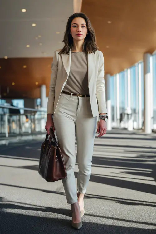 A full-body view of a woman wearing a monochrome business casual outfit featuring a fitted blazer, slim trousers, and low block-heel shoes