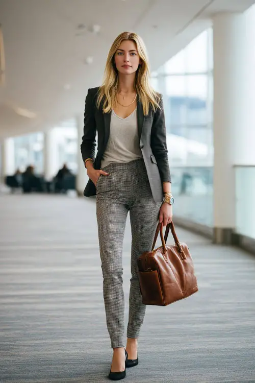 A full-body view of a woman wearing a monochrome business casual outfit featuring a fitted blazer, slim trousers, and low block-heel shoes
