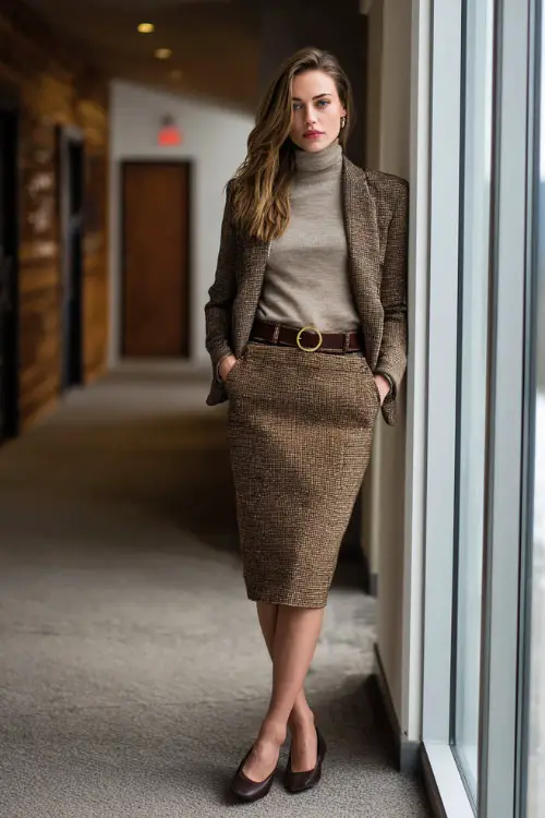 A full-body view of a woman wearing a tweed skirt paired with a fine-gauge sweater and tailored jacket, accessorized with a slim belt and leather flats