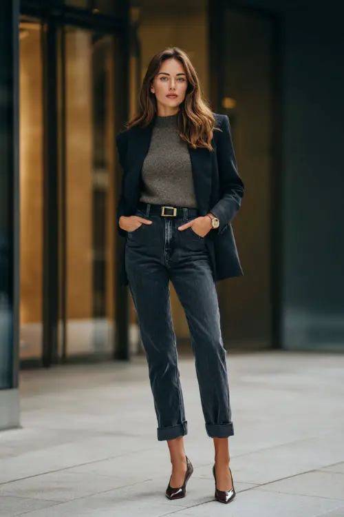 A full-body view of a woman wearing ankle-length jeans styled with a knit sweater layered under a classic blazer, paired with pointed-toe flats and a slim belt