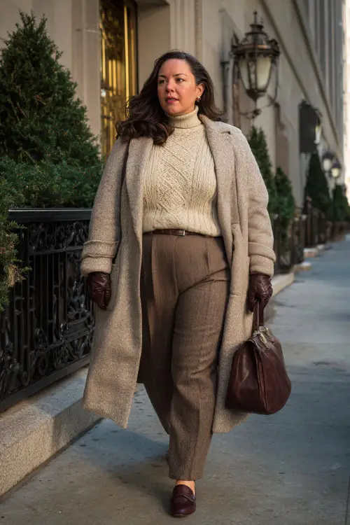 A plus-size woman dressed in a belted cashmere coat paired with a fine knit sweater, wool trousers, leather gloves, and polished loafers, walking along an upscale city sidewalk during winter