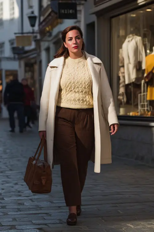 A plus-size woman dressed in a refined winter ensemble with a tailored coat, fine knit sweater, wool trousers, leather shoes, and a structured handbag 