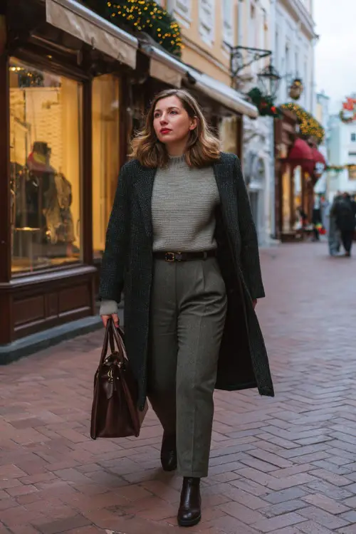 A plus-size woman dressed in a refined winter ensemble with a tailored coat, fine knit sweater, wool trousers, leather shoes, and a structured handbag 