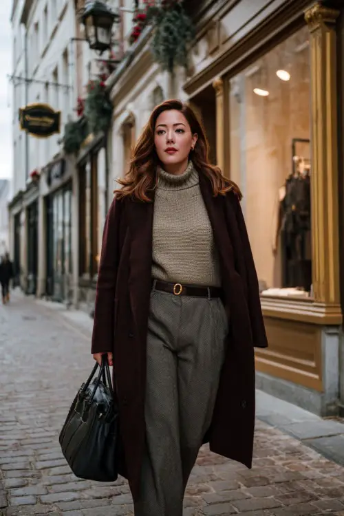 A plus-size woman dressed in a refined winter ensemble with a tailored coat, fine knit sweater, wool trousers, leather shoes, and a structured handbag