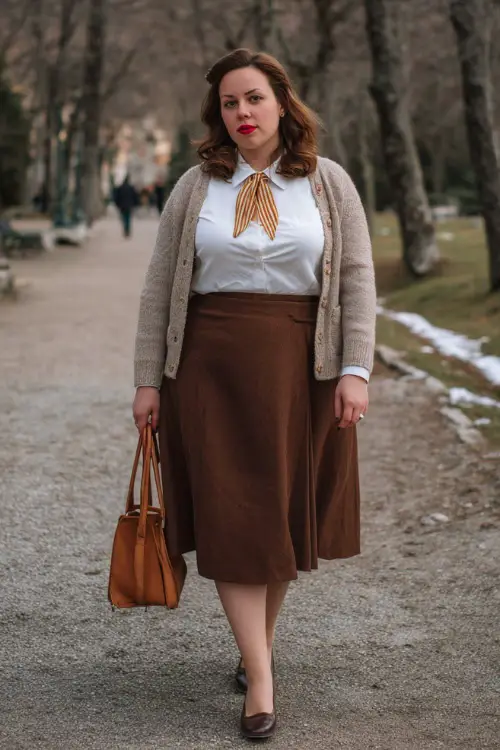A plus-size woman dressed in a wool midi skirt paired with a tailored cardigan, crisp blouse, leather ballet flats, and a structured handbag, walking through a winter park with bare trees