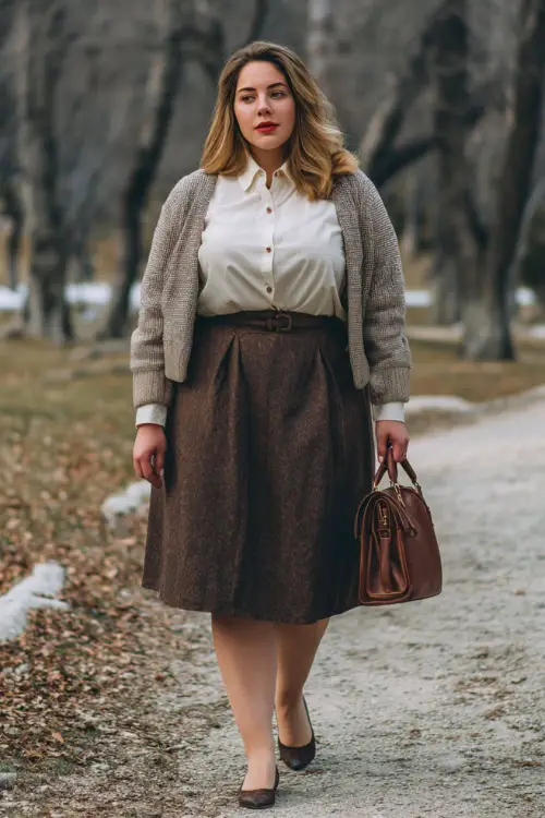 A plus-size woman dressed in a wool midi skirt paired with a tailored cardigan, crisp blouse, leather ballet flats, and a structured handbag