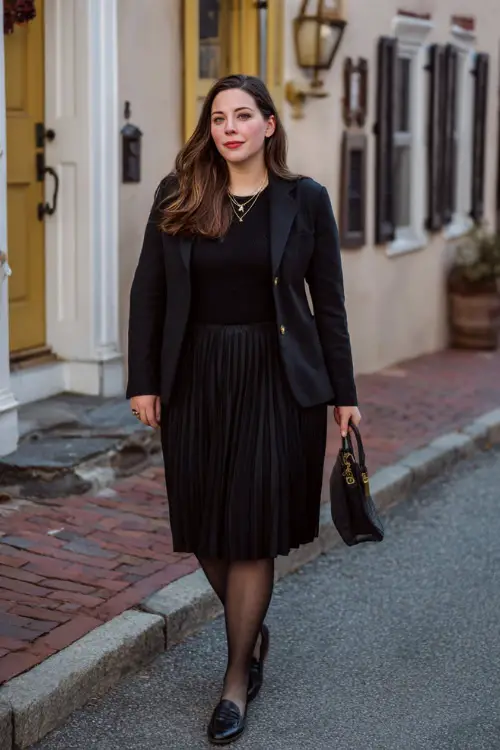 A plus-size woman in a pleated midi skirt paired with a tailored wool blazer, fine knit top, sheer tights, and polished loafers, walking through a historic district in winter