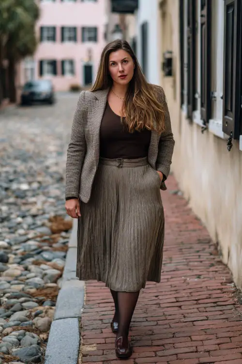 A plus-size woman in a pleated midi skirt paired with a tailored wool blazer, fine knit top, sheer tights, and polished loafers, walking through a historic district in winter