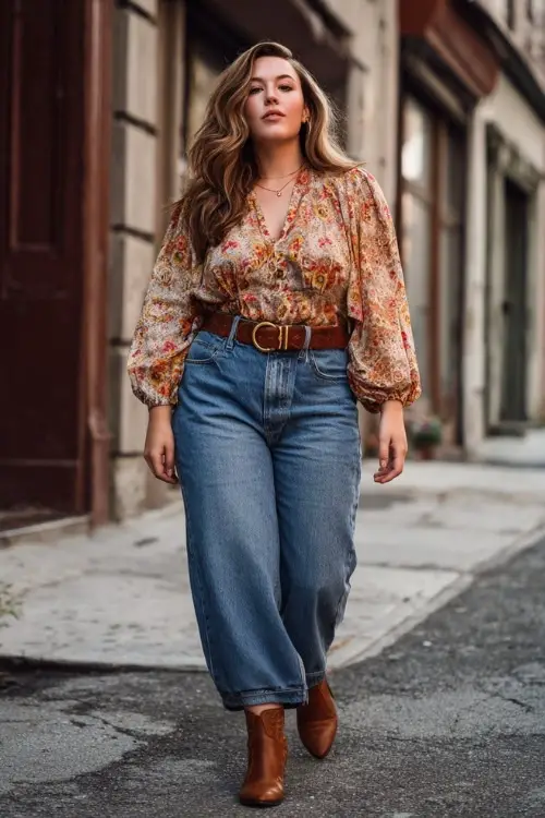A plus-size woman in her 30s wears a modern boho look featuring wide-leg jeans, a soft patterned blouse, ankle boots, and a leather belt, styled in a relaxed urban environment 