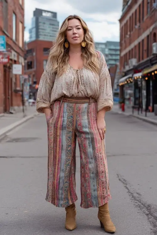 A plus-size woman in her 30s wears a relaxed boho outfit featuring a loose peasant blouse, high-waisted wide-leg pants, ankle boots, and statement earrings 