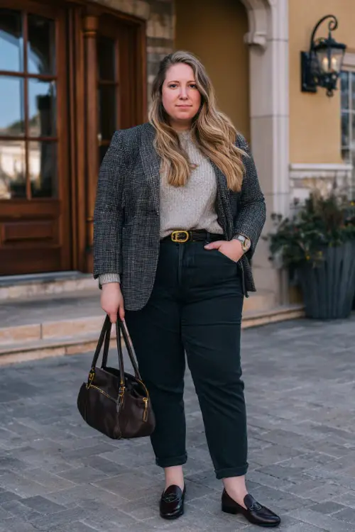 A plus-size woman in straight-leg dark jeans paired with a structured tweed blazer, cashmere sweater, leather loafers, and a top-handle bag 