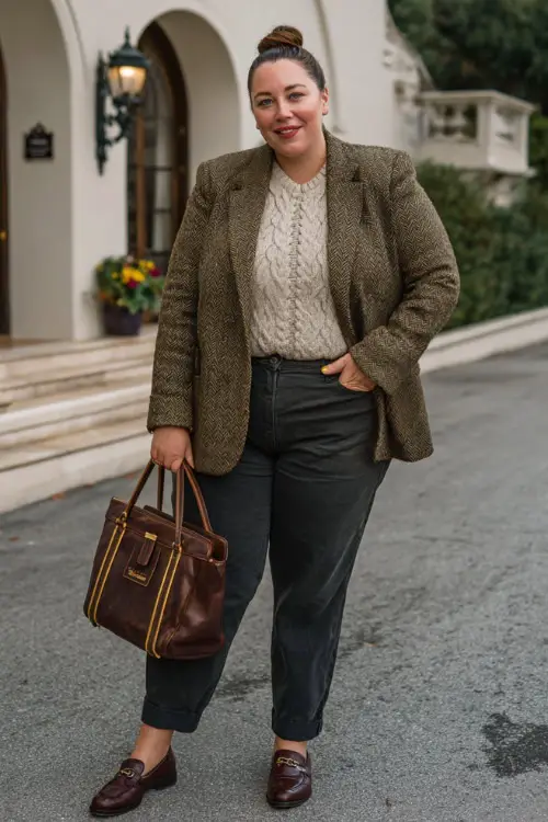 A plus-size woman in straight-leg dark jeans paired with a structured tweed blazer, cashmere sweater, leather loafers, and a top-handle bag