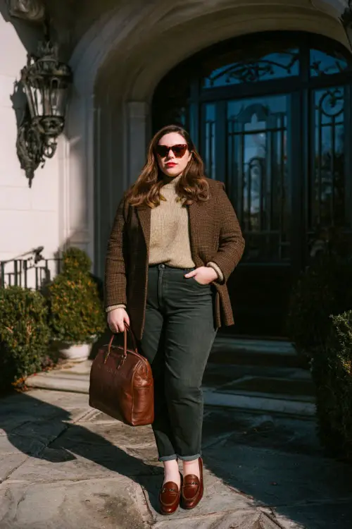 A plus-size woman in straight-leg dark jeans paired with a structured tweed blazer, cashmere sweater, leather loafers, and a top-handle bag