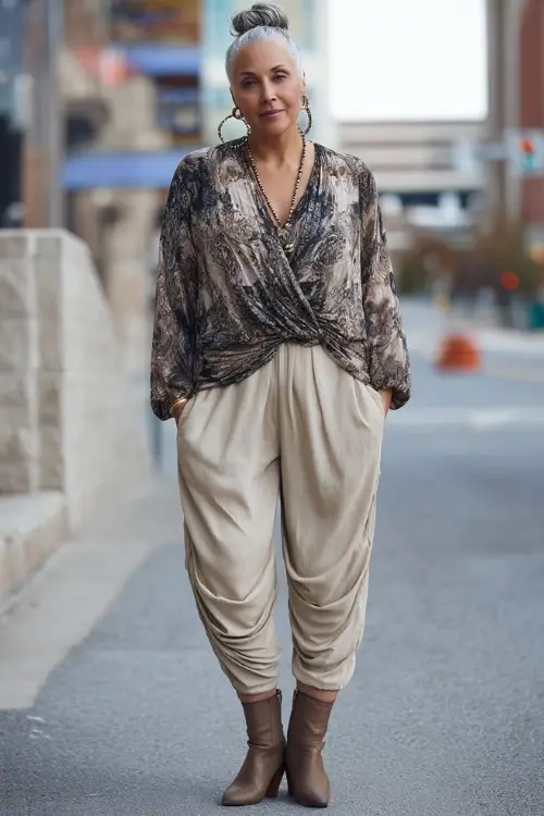 A plus-size woman over 40 wears a refined boho ensemble with relaxed-fit trousers, a draped long-sleeve blouse, ankle boots with a low heel, and elegant accessories 