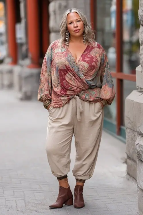 A plus-size woman over 40 wears a refined boho ensemble with relaxed-fit trousers, a draped long-sleeve blouse, ankle boots with a low heel, and elegant accessories 