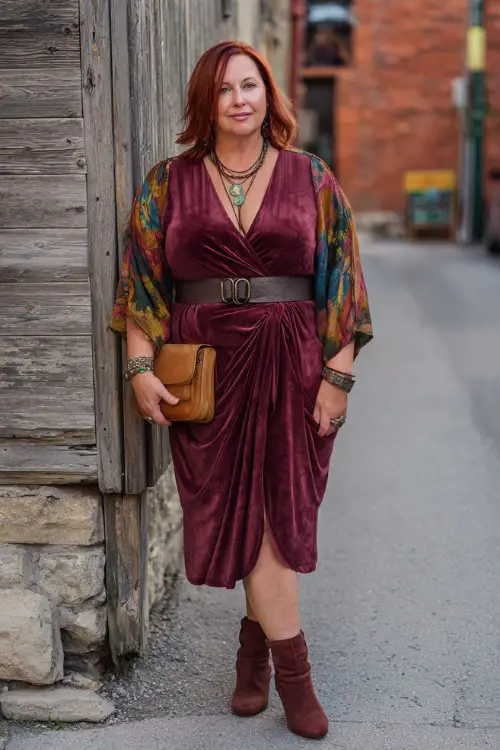 A plus-size woman over 50 wears a chic boho ensemble featuring a wrap-style midi dress, a waist-defining belt, ankle boots with a low heel, and layered jewelry 