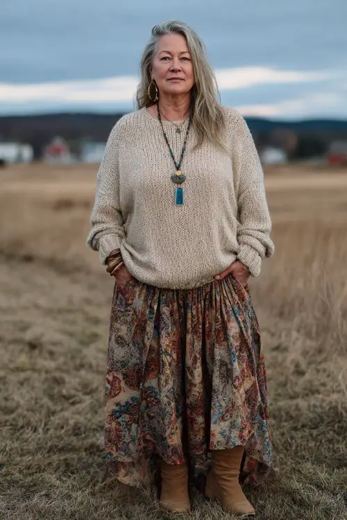 A plus-size woman over 50 wears a cozy boho outfit with a lightweight knit sweater, a flowy maxi skirt, flat ankle boots, and a long pendant necklace 