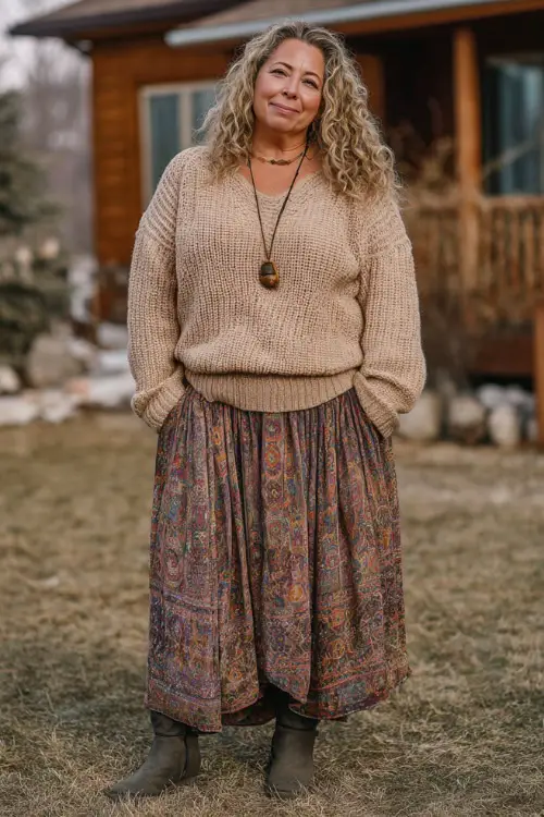 A plus-size woman over 50 wears a cozy boho outfit with a lightweight knit sweater, a flowy maxi skirt, flat ankle boots, and a long pendant necklace 