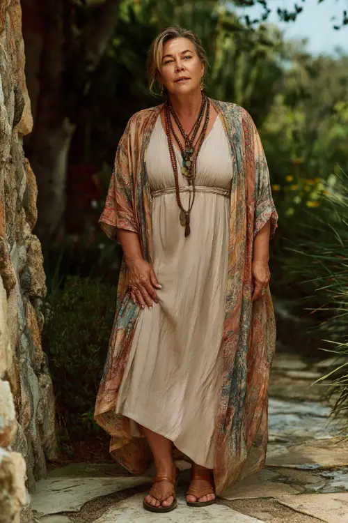 A plus-size woman over 50 wears a graceful boho outfit with a flowy maxi dress in soft earthy tones, flat leather sandals, layered necklaces, and a lightweight shawl