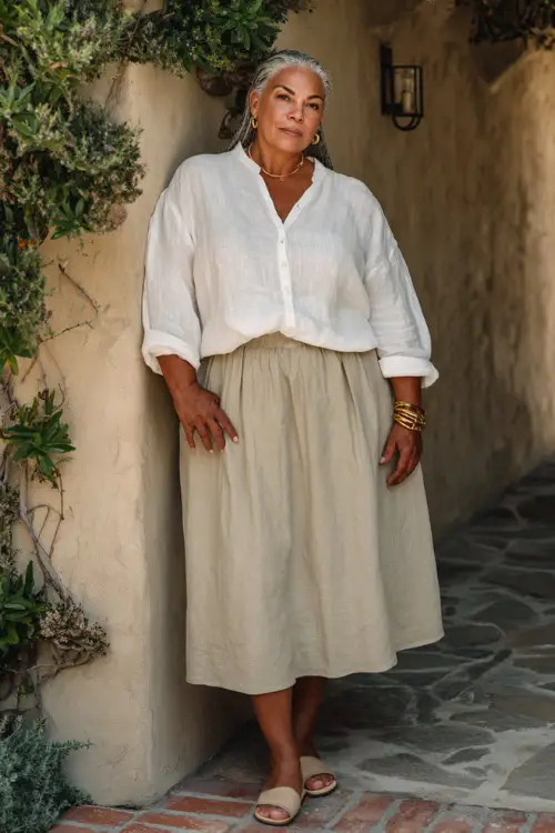 A plus-size woman over 50 wears a relaxed boho look featuring a loose linen blouse tucked into a midi skirt, comfortable block-heel sandals, and subtle gold jewelry