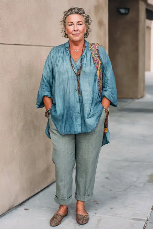 A plus-size woman over 50 wears a relaxed yet polished boho ensemble with a flowy blouse, tailored trousers, comfortable flats, and understated jewelry