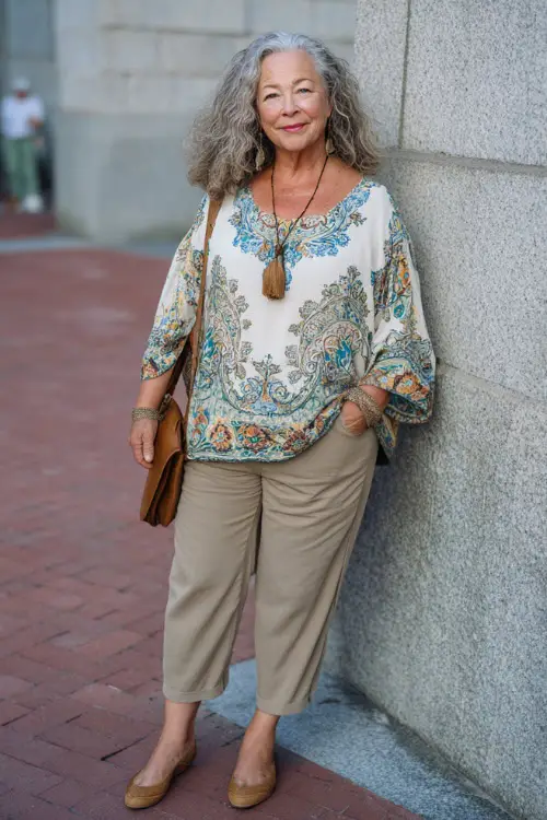 A plus-size woman over 50 wears a relaxed yet polished boho ensemble with a flowy blouse, tailored trousers, comfortable flats, and understated jewelry