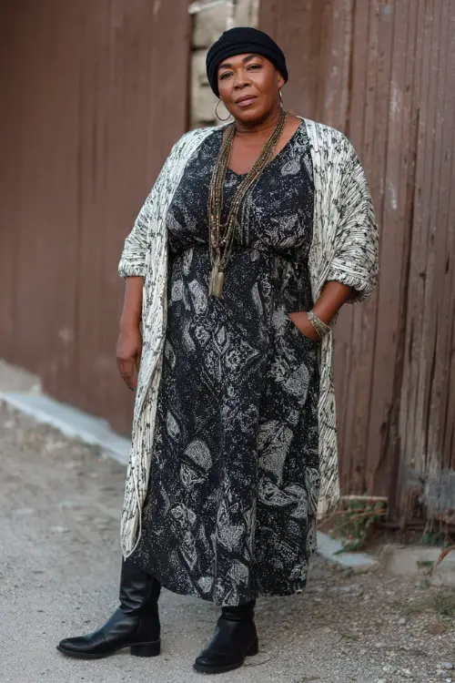 A plus-size woman over 50 wears a sophisticated boho outfit featuring a monochrome maxi dress, a lightweight cardigan, ankle boots, and a long necklace 