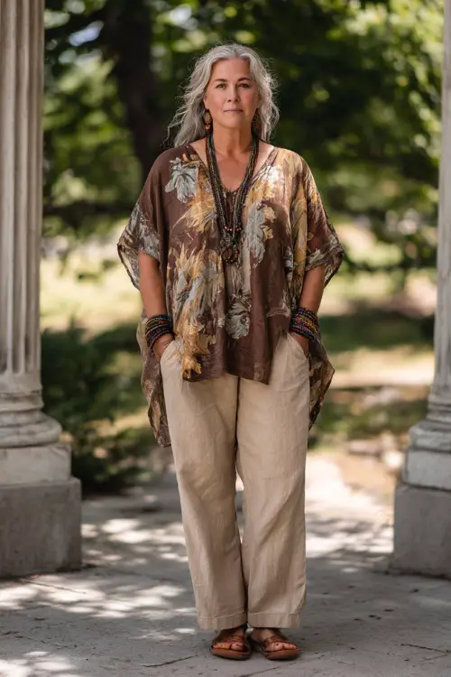 A plus-size woman over 50 wears a timeless boho look with a loose tunic-style top, straight-leg pants, flat sandals, and layered bracelets, styled in a sunlit park setting 