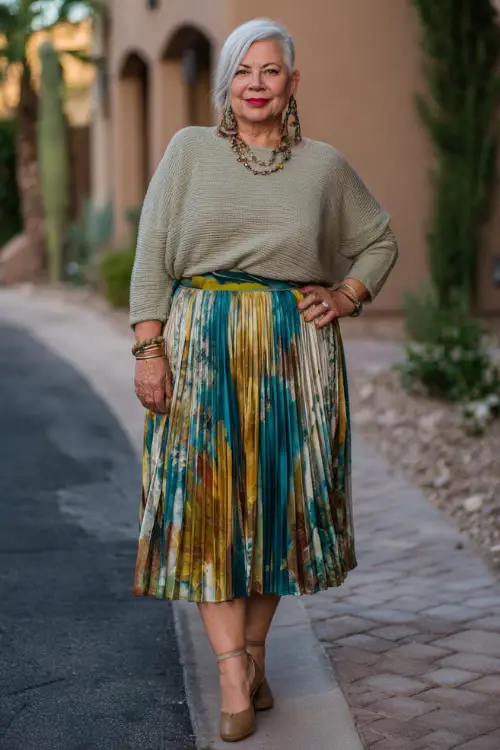 A plus-size woman over 50 wears an elegant boho outfit combining a pleated midi skirt, a comfortable knit top, low block heels, and subtle statement earrings 