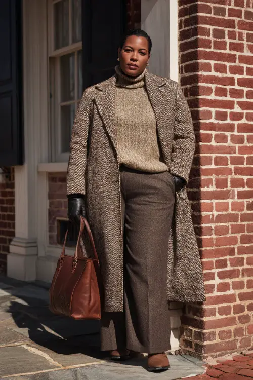 A plus-size woman wearing a long tailored coat layered over a fitted sweater and straight-leg trousers, accessorized with leather gloves and a structured tote 