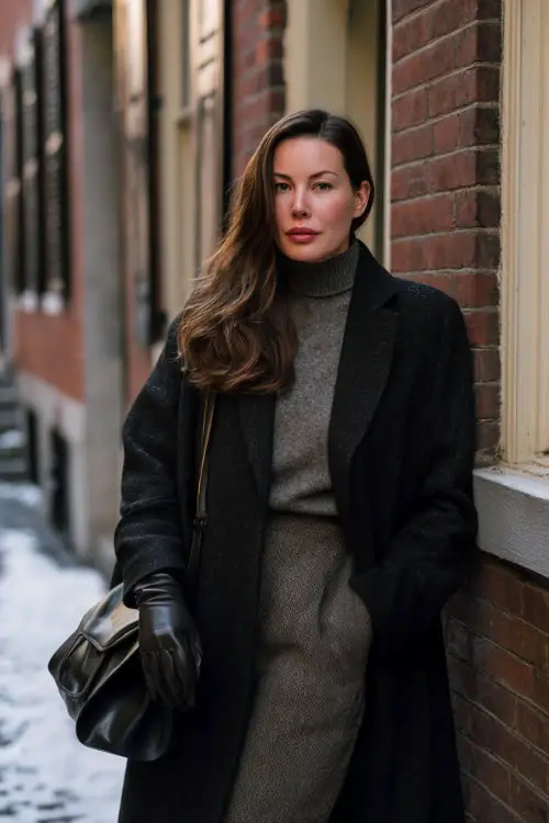 A plus-size woman wearing a long tailored coat layered over a fitted sweater and straight-leg trousers, accessorized with leather gloves and a structured tote