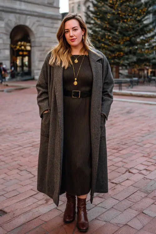 A plus-size woman wearing a long wool coat layered over a ribbed knit dress, styled with leather ankle boots and minimal gold jewelry, standing in a quiet winter square