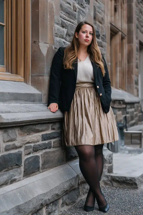 A plus-size woman wearing a pleated midi skirt styled with a fitted knit top, tailored wool blazer, sheer tights, and classic leather pumps, standing near a historic building in winter 