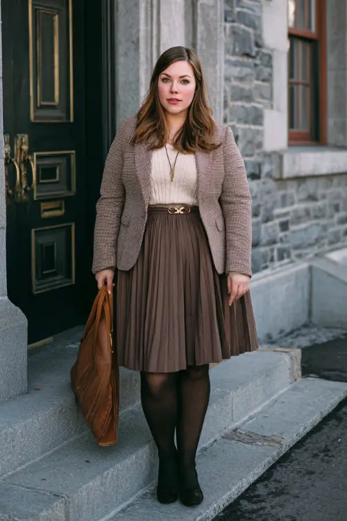 A plus-size woman wearing a pleated midi skirt styled with a fitted knit top, tailored wool blazer, sheer tights, and classic leather pumps, standing near a historic building in winter