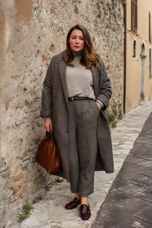 A plus-size woman wearing a tailored wool coat layered over a cashmere turtleneck and straight-leg trousers, styled with leather loafers and a structured handbag 