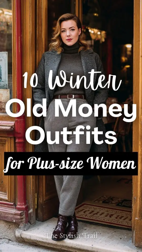 A plus-size woman wearing a winter old money outfit with a tailored trousers styled with a fine knit turtleneck, belted wool coat, leather gloves, and classic loafers