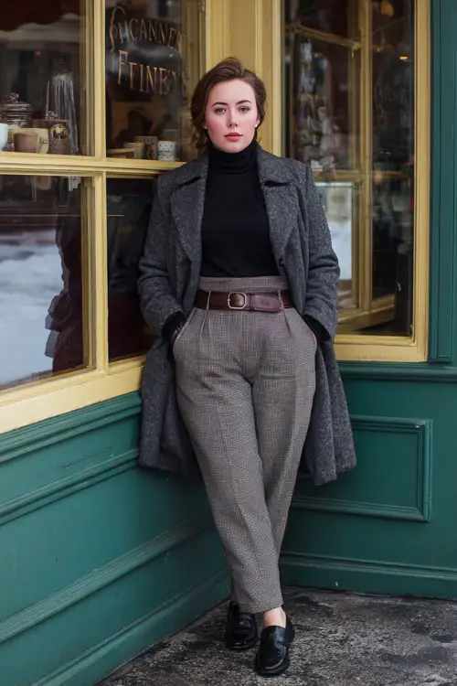 A plus-size woman wearing tailored trousers styled with a fine knit turtleneck, belted wool coat, leather gloves, and classic loafers, standing outside a traditional café in winter