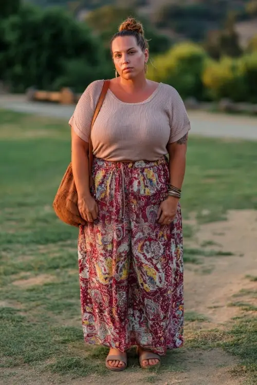 A plus-size woman wears a casual boho outfit combining a soft knit top, a flowy printed maxi skirt, flat sandals, and a crossbody bag, styled in a peaceful park setting 