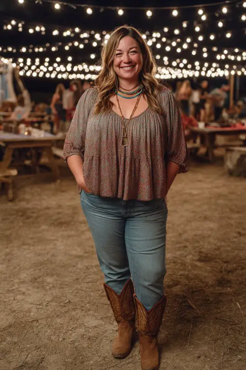 A plus-size woman wears a casual-chic western concert look featuring a flowy peplum blouse, straight-leg denim jeans, brown cowboy boots, and layered necklaces
