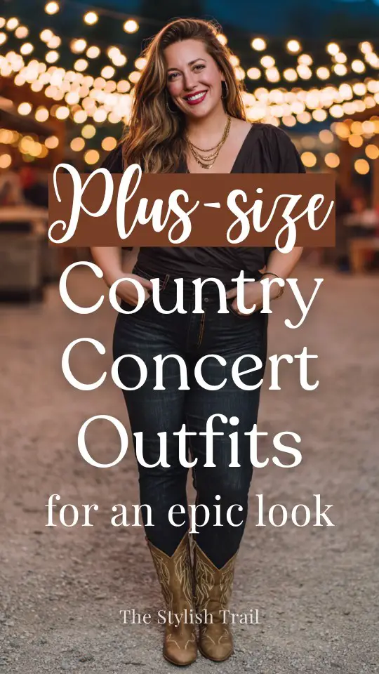 A plus-size woman wears a chic country concert outfit featuring a wrap-style top paired with dark-wash jeans, pointed-toe cowboy boots, and layered gold jewelry