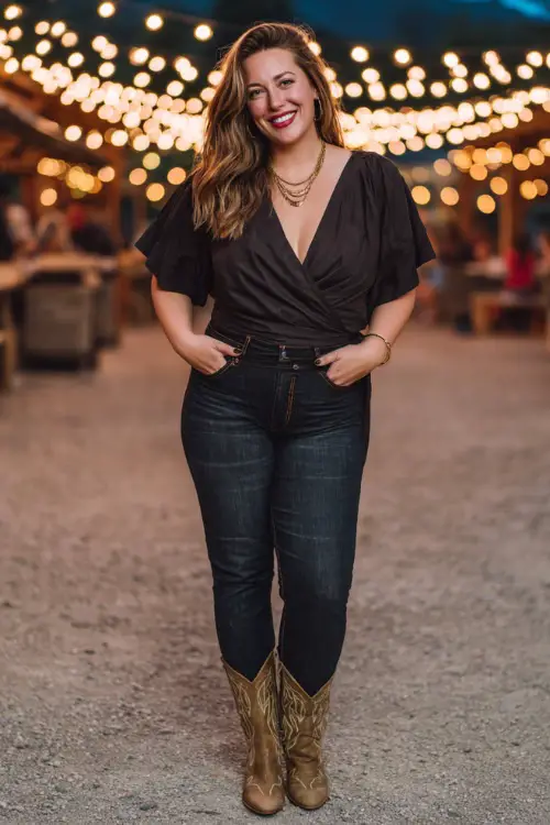 A plus-size woman wears a chic western concert look featuring a wrap-style top paired with dark-wash jeans, pointed-toe cowboy boots, and layered gold jewelry 