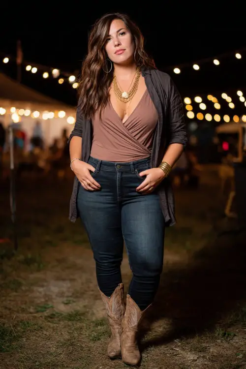 A plus-size woman wears a chic western concert look featuring a wrap-style top paired with dark-wash jeans, pointed-toe cowboy boots, and layered gold jewelry