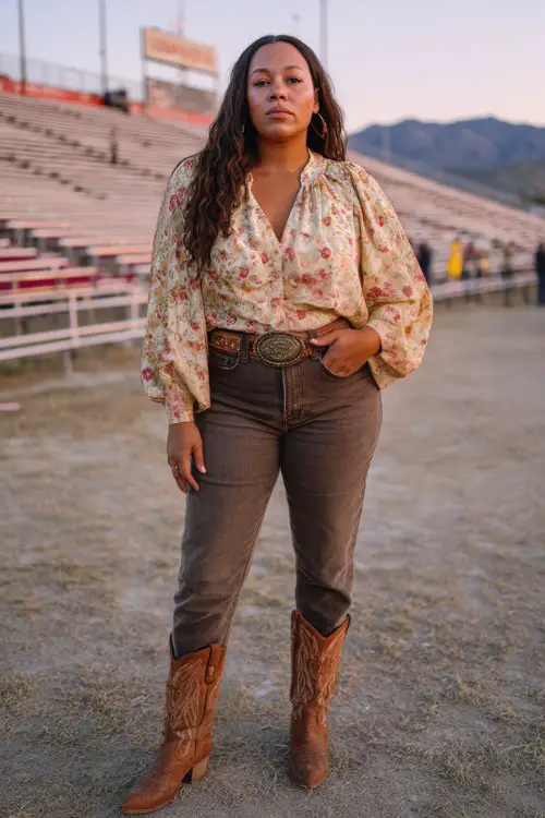 A plus-size woman wears a confident country concert outfit with a flowy blouse tucked into high-waisted straight-leg jeans, brown cowboy boots, and a statement western belt 