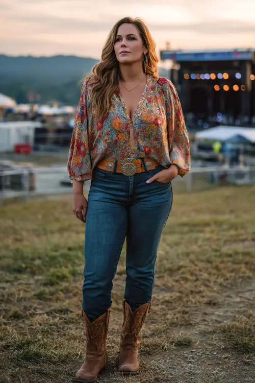 A plus-size woman wears a confident country concert outfit with a flowy blouse tucked into high-waisted straight-leg jeans, brown cowboy boots, and a statement western belt