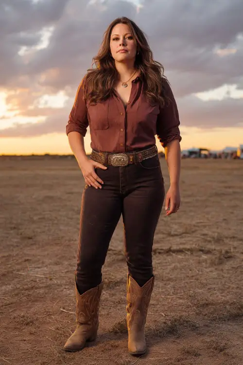 A plus-size woman wears a confident western concert look featuring a tailored blouse tucked into dark straight-leg jeans, pointed-toe cowboy boots, and a statement belt 