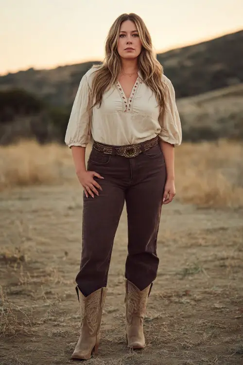 A plus-size woman wears a confident western concert look featuring a tailored blouse tucked into dark straight-leg jeans, pointed-toe cowboy boots, and a statement belt