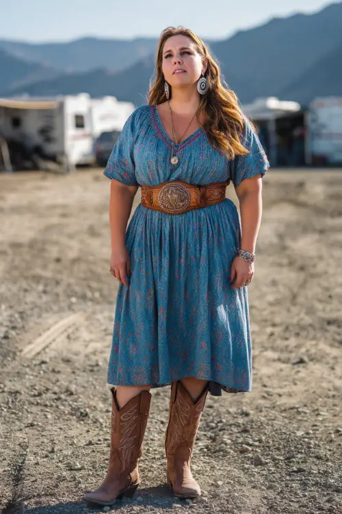 A plus-size woman wears a feminine western concert look featuring a midi dress cinched with a western belt, tall cowboy boots, and statement earrings 
