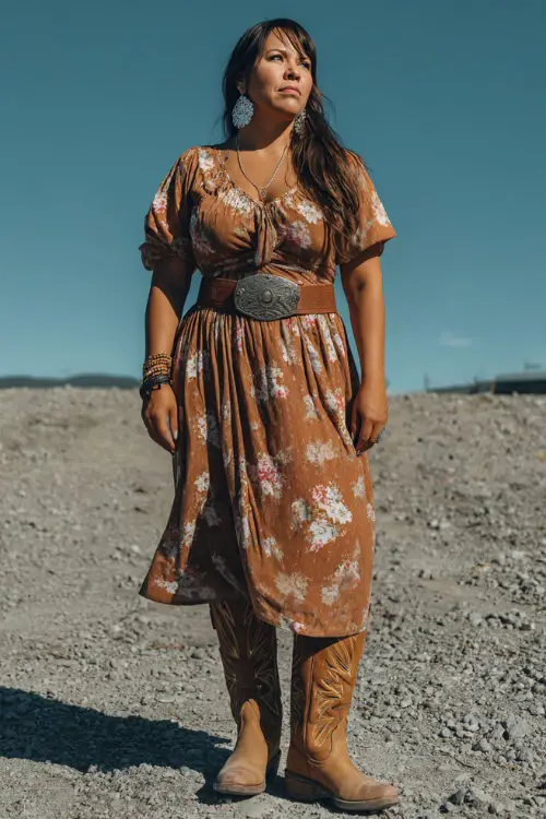 A plus-size woman wears a feminine western concert look featuring a midi dress cinched with a western belt, tall cowboy boots, and statement earrings 