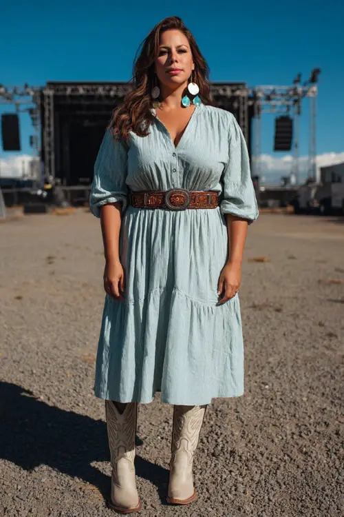A plus-size woman wears a feminine western concert look featuring a midi dress cinched with a western belt, tall cowboy boots, and statement earrings