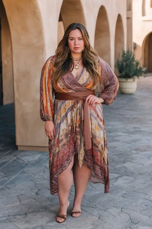 A plus-size woman wears a flattering boho look with a wrap-style midi dress, a waist-defining belt, low block heels, and layered jewelry 